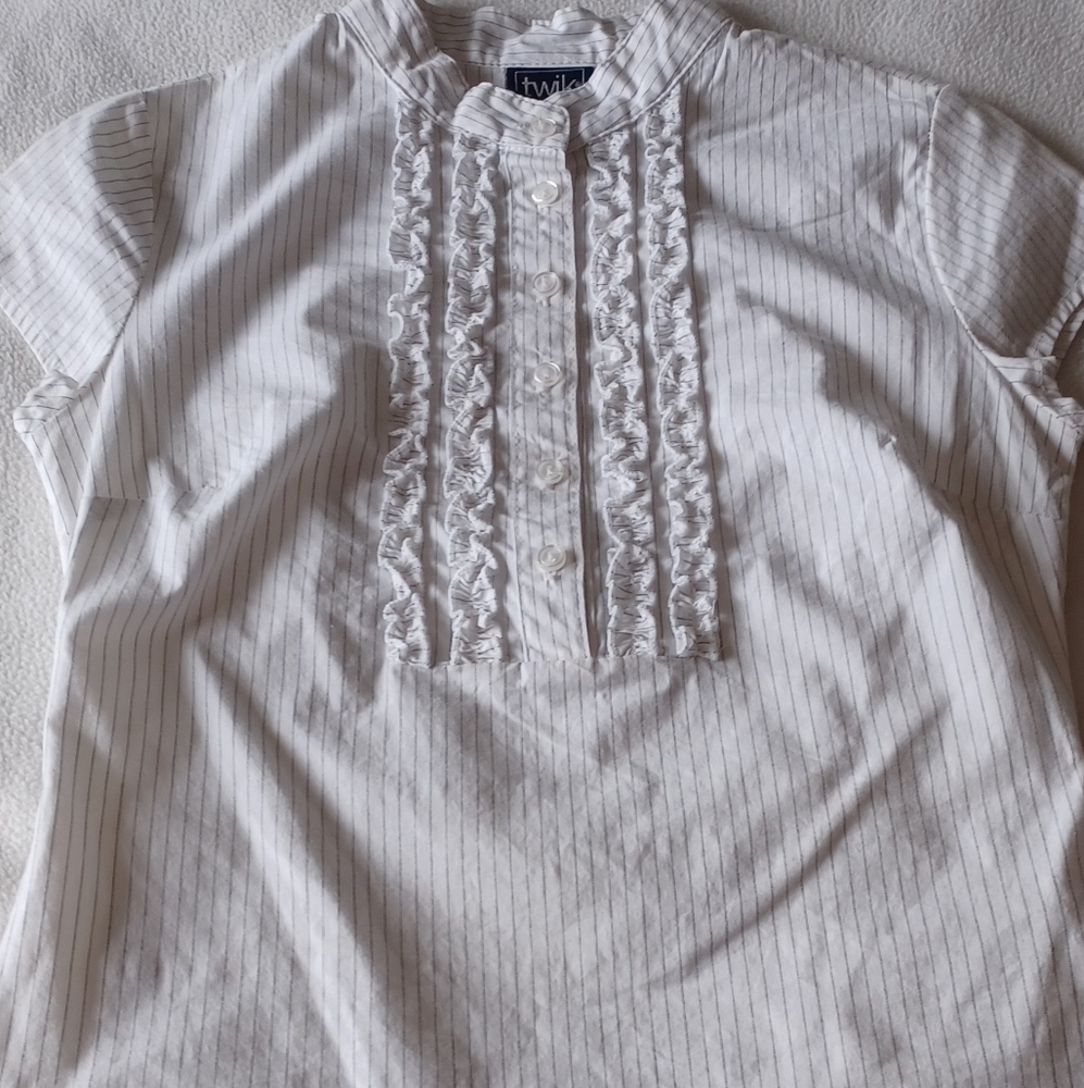 Twik white/black pinstripe ruffle-front cap-sleeve dress shirt (NWOT)